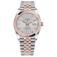 Réplique Rolex Datejust 36 Acier &amp; Montre pour femme Everose Gold Silver à motif cannelé avec cadran diamant M126201-0039