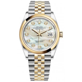 Réplique Rolex Datejust 36 Acier &amp; Montre pour femme en or jaune avec cadran en nacre et diamant M126203-0023