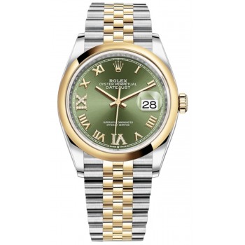 Réplique Rolex Datejust 36 Acier &amp; Montre pour homme en or jaune, pavé vert olive, cadran romain, M126203-0025