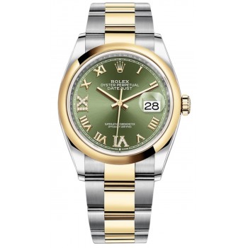 Réplique Rolex Datejust 36 Acier &amp; Montre pour homme en or jaune, pavé vert olive, cadran romain, M126203-0026