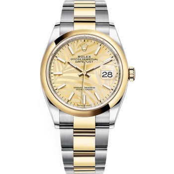 Réplique Rolex Datejust 36 Acier &amp; Montre pour femme en or jaune avec cadran à motif de palmier doré M126203-0038