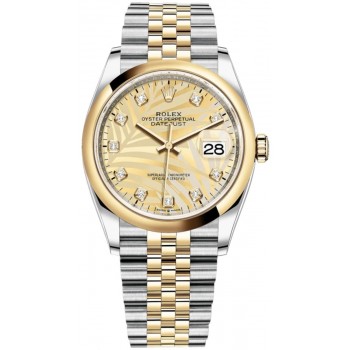 Réplique Rolex Datejust 36 Acier &amp; Montre pour femme en or jaune avec cadran diamant et motif palmier doré M126203-0043