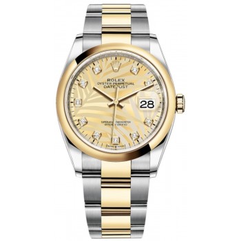 Réplique Rolex Datejust 36 Acier &amp; Montre pour femme en or jaune avec cadran diamant et motif palmier doré M126203-0044