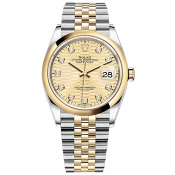 Réplique Rolex Datejust 36 Acier &amp; Montre pour femme en or jaune avec cadran en diamant à motif cannelé doré M126203-0045