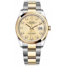 Réplique Rolex Datejust 36 Acier &amp; Montre pour femme en or jaune avec cadran en diamant à motif cannelé doré M126203-0046