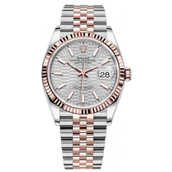 Réplique Rolex Datejust 36 Acier &amp; Montre pour femme à cadran cannelé argenté Everose Gold M126231-0033