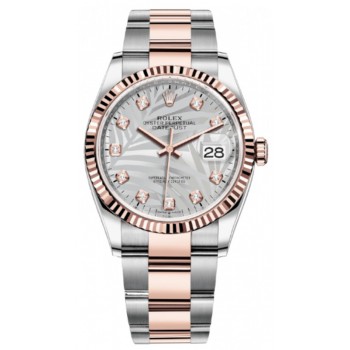 Réplique Rolex Datejust 36 Acier &amp; Montre pour femme Everose Gold Silver Palm-Motif Diamond Dial M126231-0038