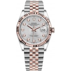 Réplique Rolex Datejust 36 Acier &amp; Montre pour femme Everose Gold Silver à motif cannelé et cadran diamant M126231-0039