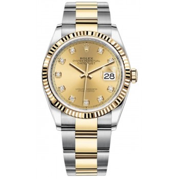 Réplique Rolex Datejust 36 Acier &amp; Montre pour femme en or jaune et cadran diamant champagne M126233-0018