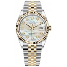 Réplique Rolex Datejust 36 Acier &amp; Montre pour femme en or jaune avec cadran en nacre et diamant M126233-0023