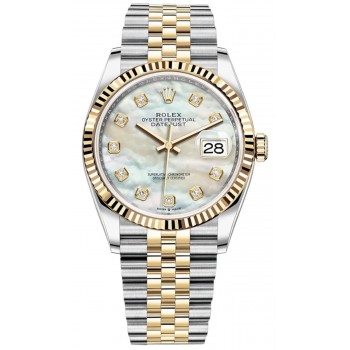 Réplique Rolex Datejust 36 Acier &amp; Montre pour femme en or jaune avec cadran en nacre et diamant M126233-0023