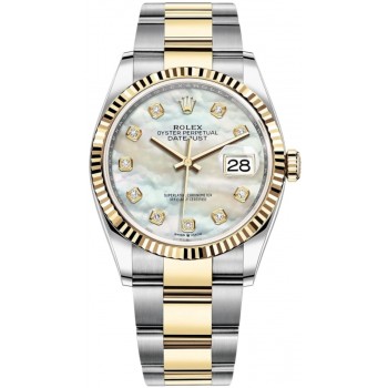 Réplique Rolex Datejust 36 Acier &amp; Montre pour femme en or jaune avec cadran en nacre et diamant M126233-0024