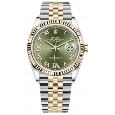 Réplique Rolex Datejust 36 Acier &amp; Montre pour femme en or jaune, pavé vert olive, cadran romain, M126233-0025