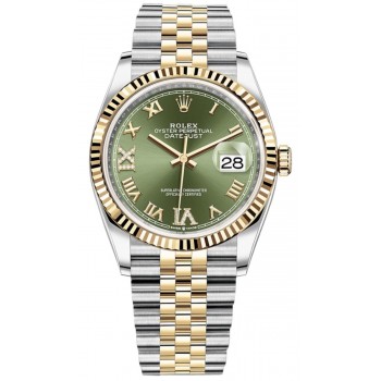 Réplique Rolex Datejust 36 Acier &amp; Montre pour femme en or jaune, pavé vert olive, cadran romain, M126233-0025