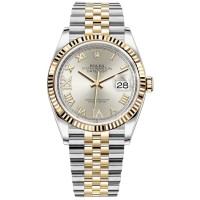 Réplique Rolex Datejust 36 Acier &amp; Montre pour femme à cadran romain pavé d'argent et d'or jaune M126233-0031