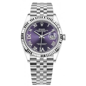 Réplique Rolex Datejust 36 Acier &amp; Montre pour femme en or blanc aubergine pavé de diamants avec cadran romain M126234-0021