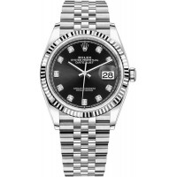 Réplique Rolex Datejust 36 Acier &amp; Montre pour femme en or blanc et cadran diamant noir M126234-0027