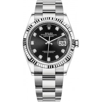 Réplique Rolex Datejust 36 Acier &amp; Montre pour femme en or blanc et cadran diamant noir M126234-0028