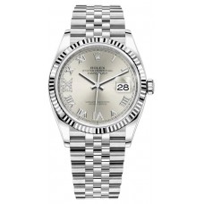 Réplique Rolex Datejust 36 Acier &amp; Montre pour femme en or blanc et argent pavé de diamants avec cadran romain M126234-0029