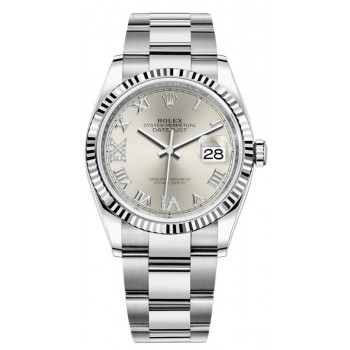 Réplique Rolex Datejust 36 Acier &amp; Montre pour femme en or blanc et argent pavé de diamants avec cadran romain M126234-0030