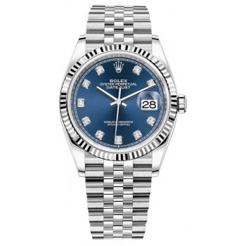 Réplique Rolex Datejust 36 Acier &amp; Montre pour femme en or blanc et cadran en diamant bleu M126234-0037