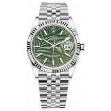 Réplique Rolex Datejust 36 Acier &amp; Montre pour femme en or blanc avec cadran à motif de palmier vert olive M126234-0047