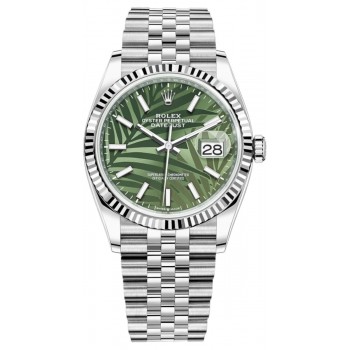 Réplique Rolex Datejust 36 Acier &amp; Montre pour femme en or blanc avec cadran à motif de palmier vert olive M126234-0047