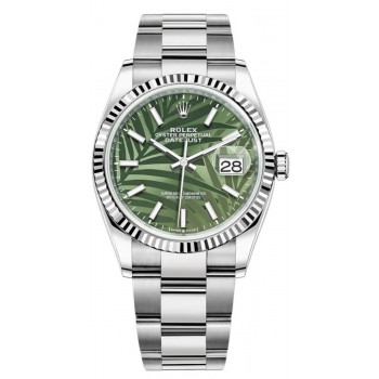 Réplique Rolex Datejust 36 Acier &amp; Montre pour femme en or blanc avec cadran à motif de palmier vert olive M126234-0048