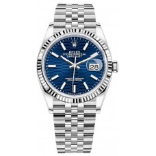 Réplique Rolex Datejust 36 Acier &amp; Montre pour femme avec cadran cannelé bleu et or blanc M126234-0049