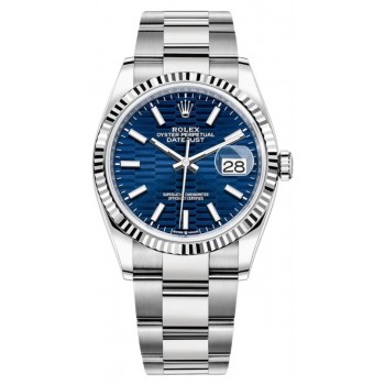 Réplique Rolex Datejust 36 Acier &amp; Montre pour femme avec cadran cannelé bleu et or blanc M126234-0050