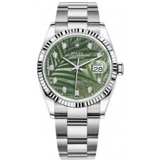 Réplique Rolex Datejust 36 Acier &amp; Montre pour femme en or blanc, vert olive, motif palmier, cadran diamant, M126234-0056