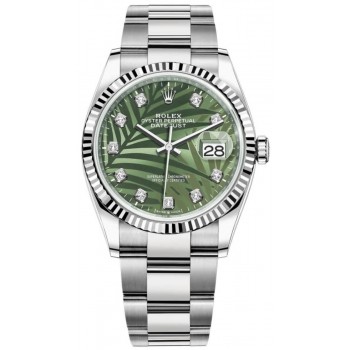 Réplique Rolex Datejust 36 Acier &amp; Montre pour femme en or blanc, vert olive, motif palmier, cadran diamant, M126234-0056