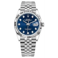 Réplique Rolex Datejust 36 Acier &amp; Montre pour femme en or blanc et motif cannelé bleu avec cadran diamant M126234-0057