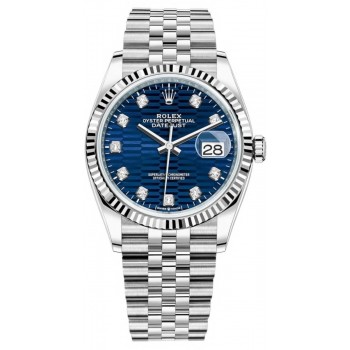 Réplique Rolex Datejust 36 Acier &amp; Montre pour femme en or blanc et motif cannelé bleu avec cadran diamant M126234-0057