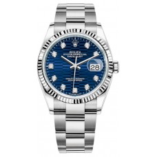 Réplique Rolex Datejust 36 Acier &amp; Montre pour femme en or blanc et motif cannelé bleu avec cadran diamant M126234-0058