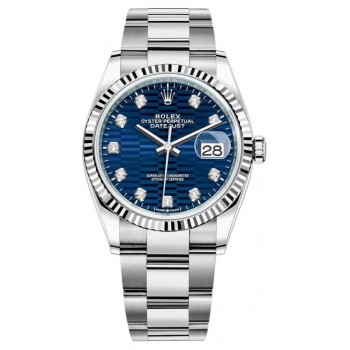 Réplique Rolex Datejust 36 Acier &amp; Montre pour femme en or blanc et motif cannelé bleu avec cadran diamant M126234-0058