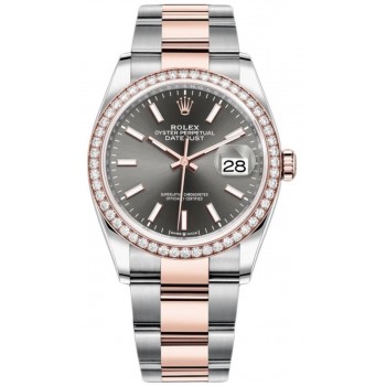 Réplique Rolex Datejust 36 Acier &amp; Montre pour femme Everose Gold Slate Dial Diamond Bezel M126281RBR-0002