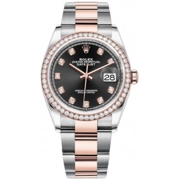 Réplique Rolex Datejust 36 Acier &amp; Montre pour femme Everose Gold avec cadran en diamant noir et lunette en diamant M126281RBR-0008