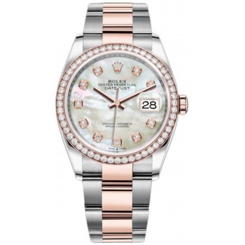 Réplique Rolex Datejust 36 Acier &amp; Montre pour femme Everose Gold avec cadran en nacre et lunette en diamant M126281RBR-0010