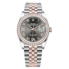 Réplique Rolex Datejust 36 Acier &amp; Montre pour femme Everose Gold Slate Diamond Pave Cadran romain Lunette en diamant M126281RBR-0011