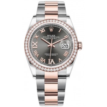 Réplique Rolex Datejust 36 Acier &amp; Montre pour femme Everose Gold Slate Diamond Pave Cadran romain Lunette en diamant M126281RBR-0012