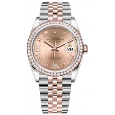 Réplique Rolex Datejust 36 Acier &amp; Montre pour femme Everose Gold Rose Diamond Pave Cadran romain Lunette en diamant M126281RBR-0015