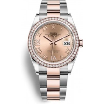 Réplique Rolex Datejust 36 Acier &amp; Montre pour femme Everose Gold Rose Diamond Pave Cadran romain Lunette en diamant M126281RBR-0016