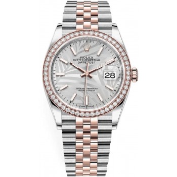 Réplique Rolex Datejust 36 Acier &amp; Montre pour femme Everose Gold Silver Palm-Motif Dial Diamond Bezel M126281RBR-0019