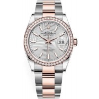 Réplique Rolex Datejust 36 Acier &amp; Montre pour femme Everose Gold Silver Palm-Motif Dial Diamond Bezel M126281RBR-0020