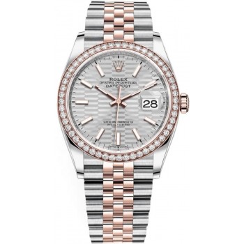 Réplique Rolex Datejust 36 Acier &amp; Montre pour femme Everose Gold Silver avec cadran cannelé et lunette en diamant M126281RBR-0021