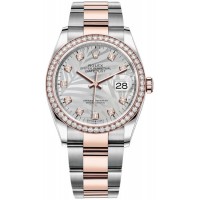 Réplique Rolex Datejust 36 Acier &amp; Montre pour femme Everose Gold Silver Palm-Motif Dial Diamond Bezel M126281RBR-0026