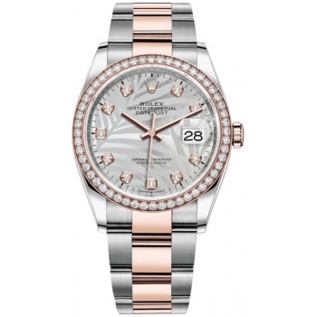 Réplique Rolex Datejust 36 Acier &amp; Montre pour femme Everose Gold Silver Palm-Motif Dial Diamond Bezel M126281RBR-0026