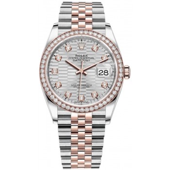 Réplique Rolex Datejust 36 Acier &amp; Montre pour femme Everose Gold Silver à motif cannelé avec cadran en diamant et lunette en diamant M126281RBR-0027