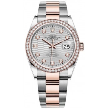 Réplique Rolex Datejust 36 Acier &amp; Montre pour femme Everose Gold Silver à motif cannelé avec cadran en diamant et lunette en diamant M126281RBR-0028